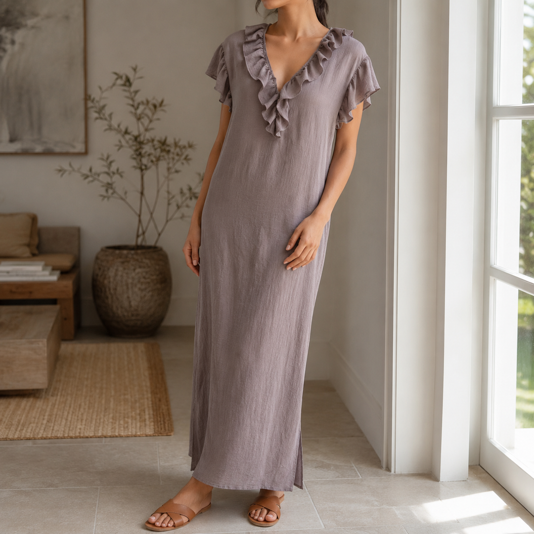 Florin | Women's Ruffle V-Neck Maxi Dress with Pockets - Green - Image 11