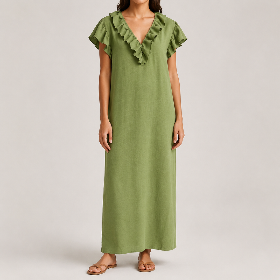 Florin | Women's Ruffle V-Neck Maxi Dress with Pockets - Green - Image 13
