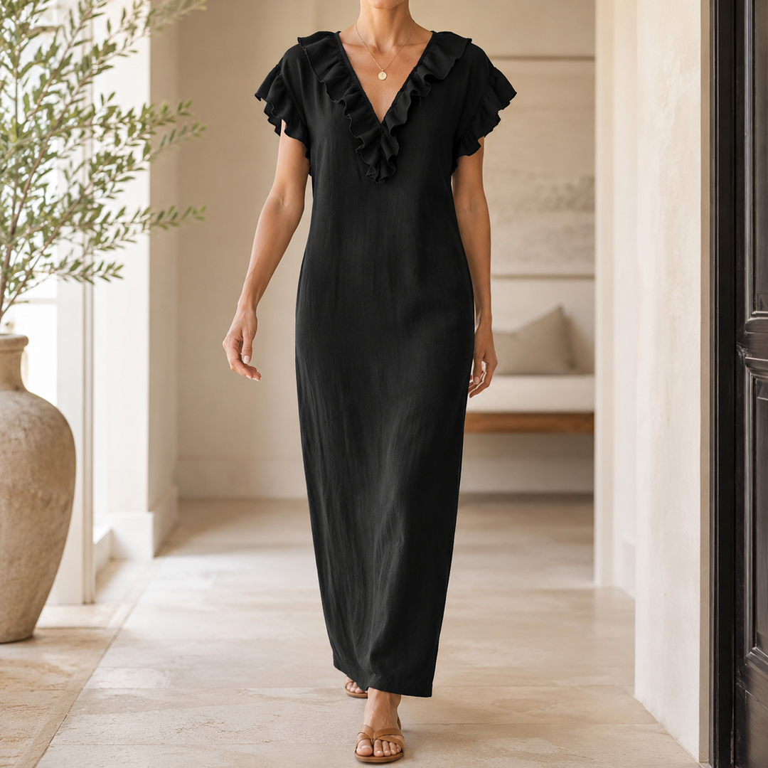 Florin | Women's Ruffle V-Neck Maxi Dress with Pockets - Green - Image 14