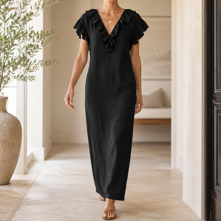 Florin | Women's Ruffle V-Neck Maxi Dress with Pockets - Green - Image 14