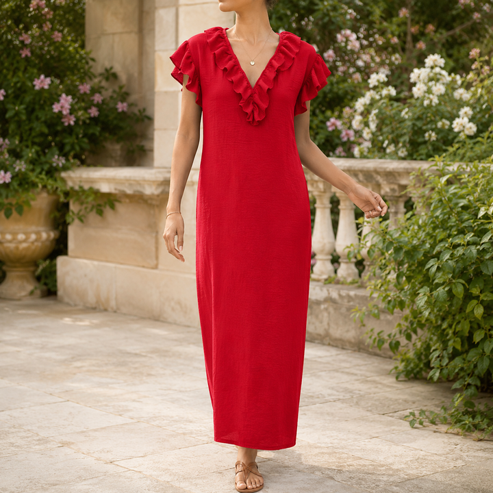 Florin | Women's Ruffle V-Neck Maxi Dress with Pockets - Green - Image 16