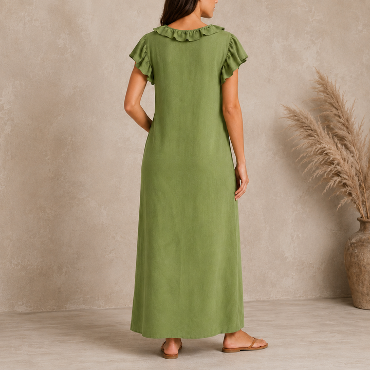 Florin | Women's Ruffle V-Neck Maxi Dress with Pockets - Green - Image 2