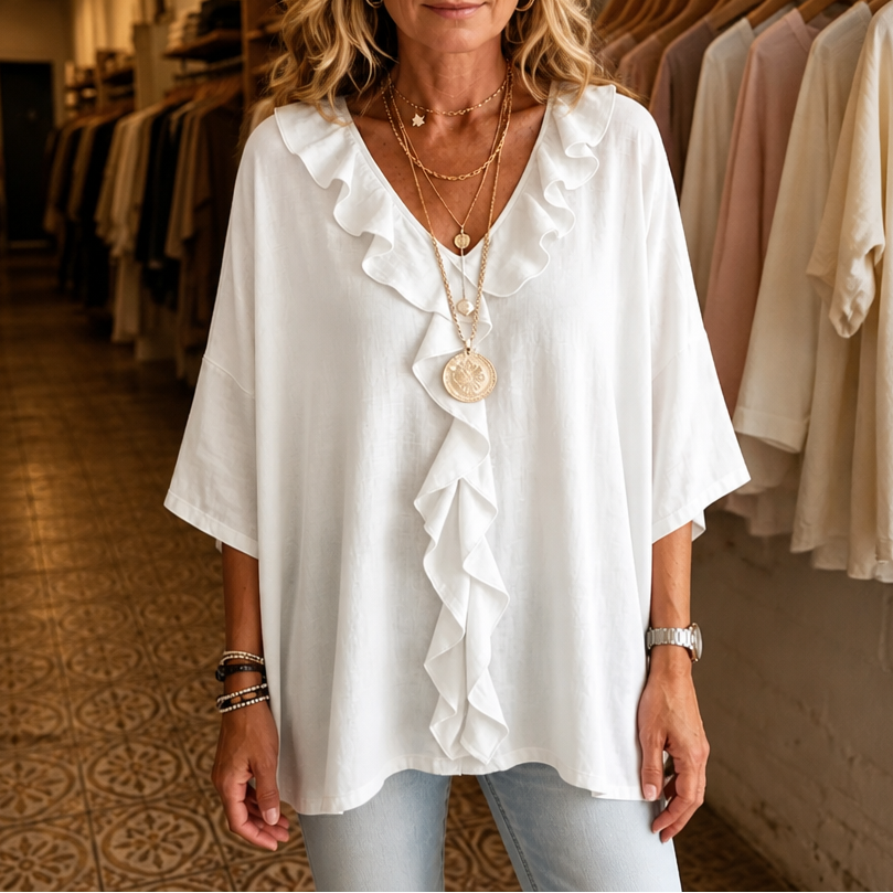 Floriven | Women's Boho Ruffle Blouse V-Neck - White - Image 11