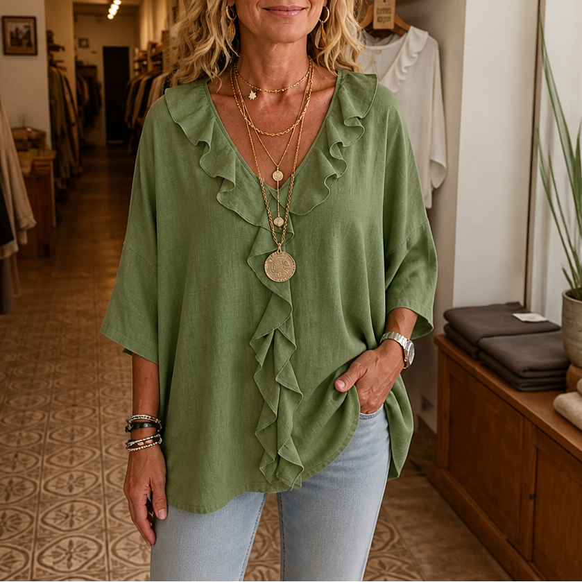 Floriven | Women's Boho Ruffle Blouse V-Neck - White - Image 13