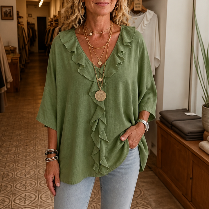 Floriven | Women's Boho Ruffle Blouse V-Neck - White - Image 13
