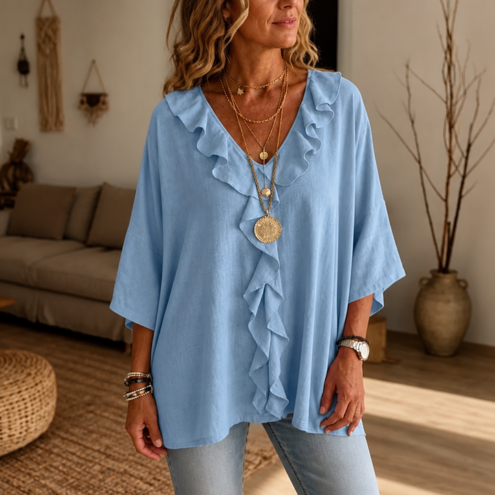 Floriven | Women's Boho Ruffle Blouse V-Neck - White - Image 15