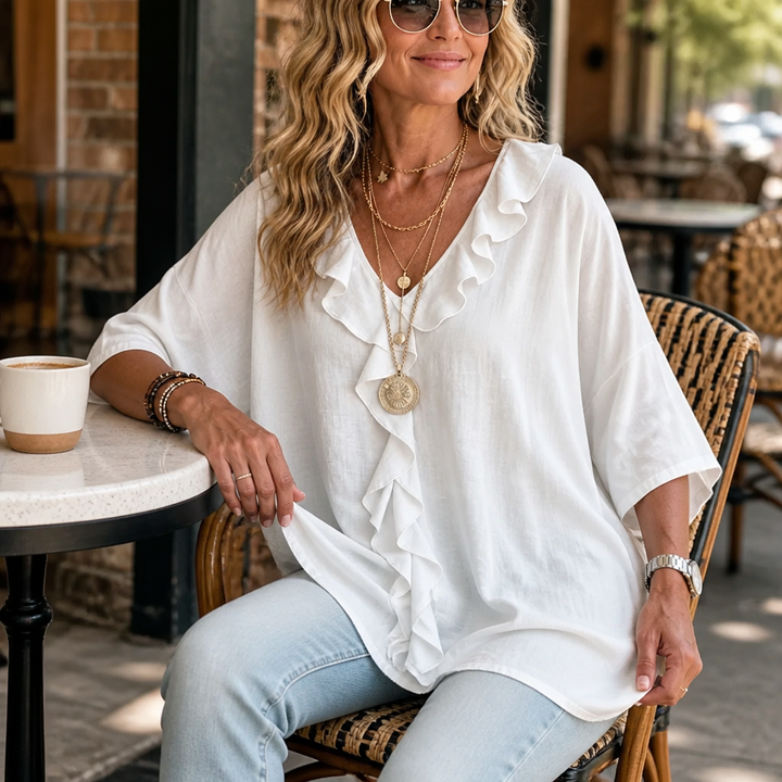 Floriven | Women's Boho Ruffle Blouse V-Neck - White - Image 4