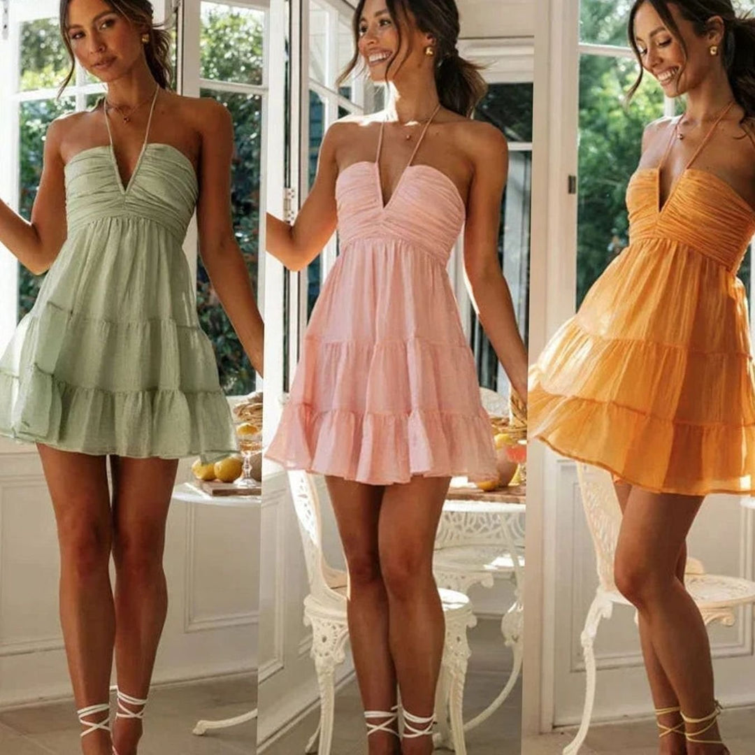 Floriven | Women's Halter Neck Mini Dress Tiered Ruffle - Sage - Image 7