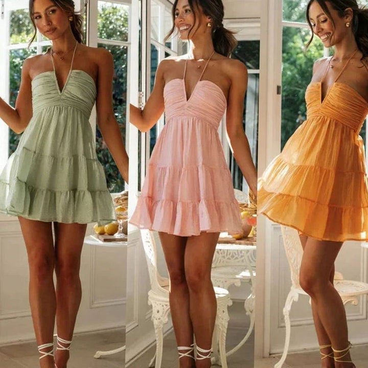 Floriven | Women's Halter Neck Mini Dress Tiered Ruffle - Sage - Image 7