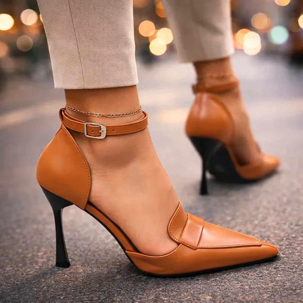 Francesca | Women's Pointed Toe Ankle Strap Heels - Brown - Image 1