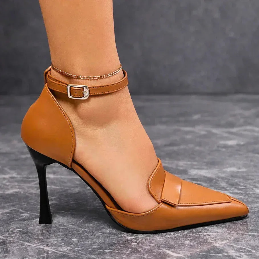 Francesca | Women's Pointed Toe Ankle Strap Heels - Brown - Image 2