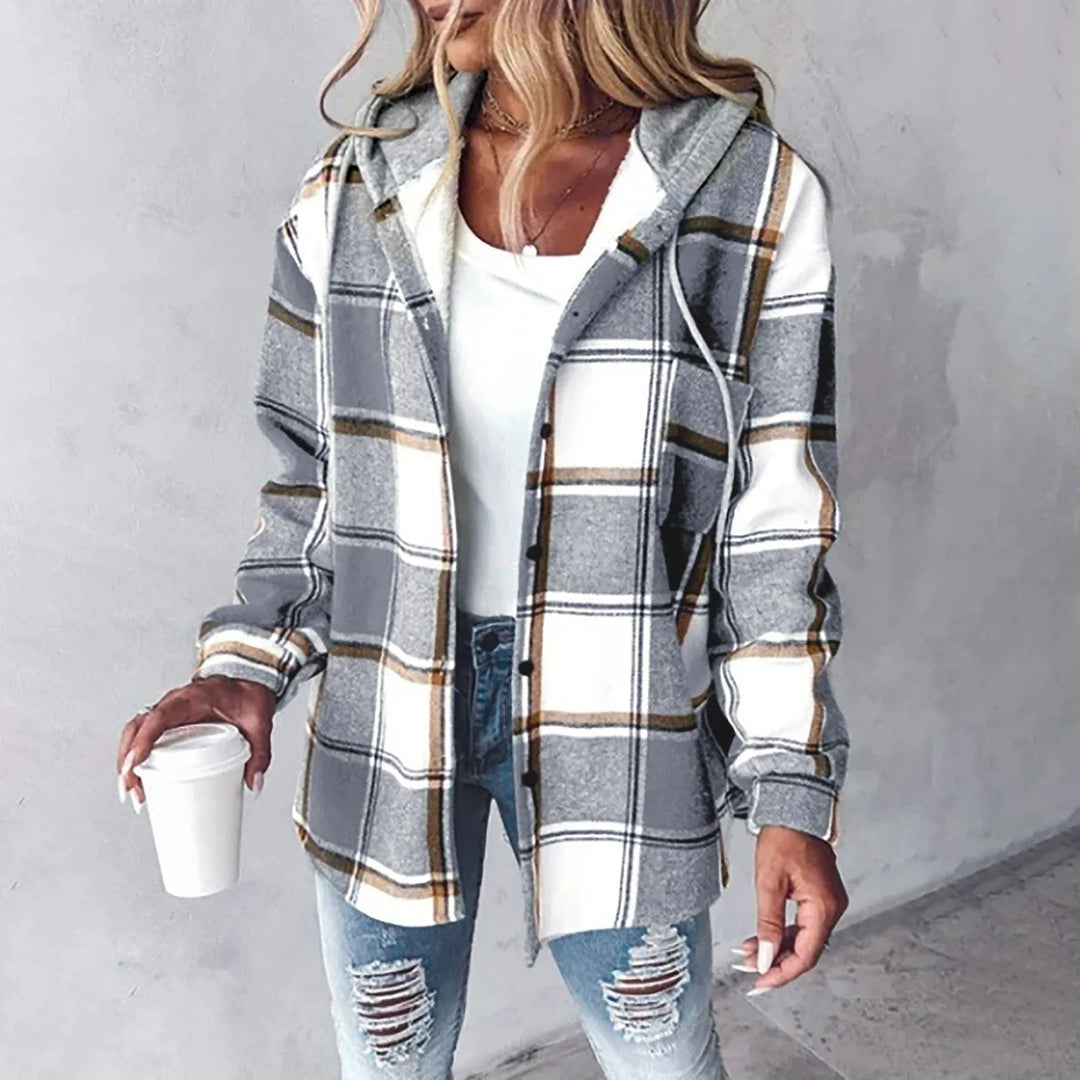 Francine | Women's Plaid Hooded Button Up Jacket - Grey - Image 1