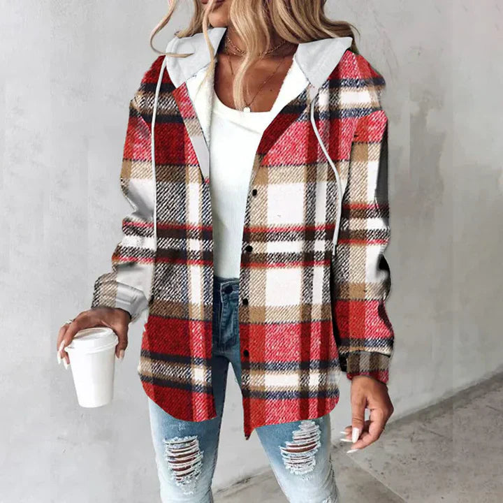 Francine | Women's Plaid Hooded Button Up Jacket - Grey - Image 2