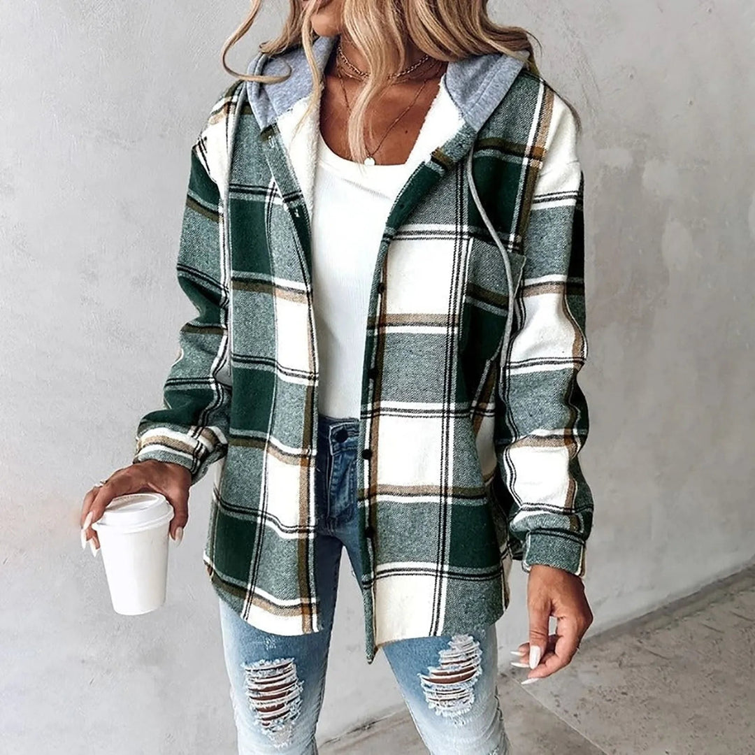 Francine | Women's Plaid Hooded Button Up Jacket - Grey - Image 3