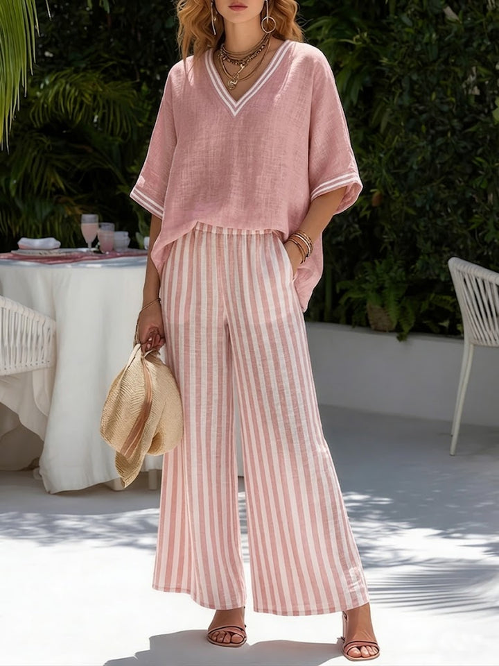 Francine | Women's Striped V-Neck Top Wide Leg Pants Set - Striped - Image 2