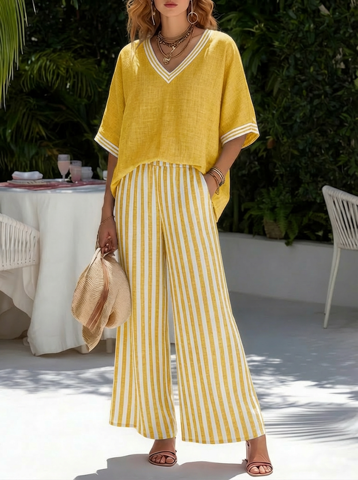 Francine | Women's Striped V-Neck Top Wide Leg Pants Set - Striped - Image 4