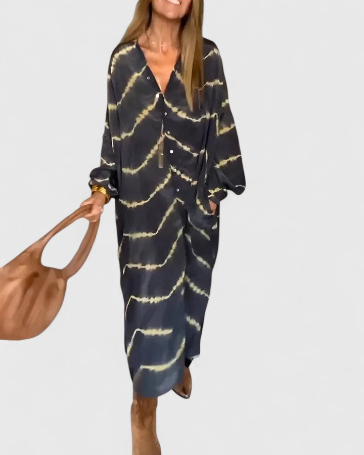 Gwenara | Women's Boho Maxi Shirt Dress Long Sleeve - Tie Dye - Image 1