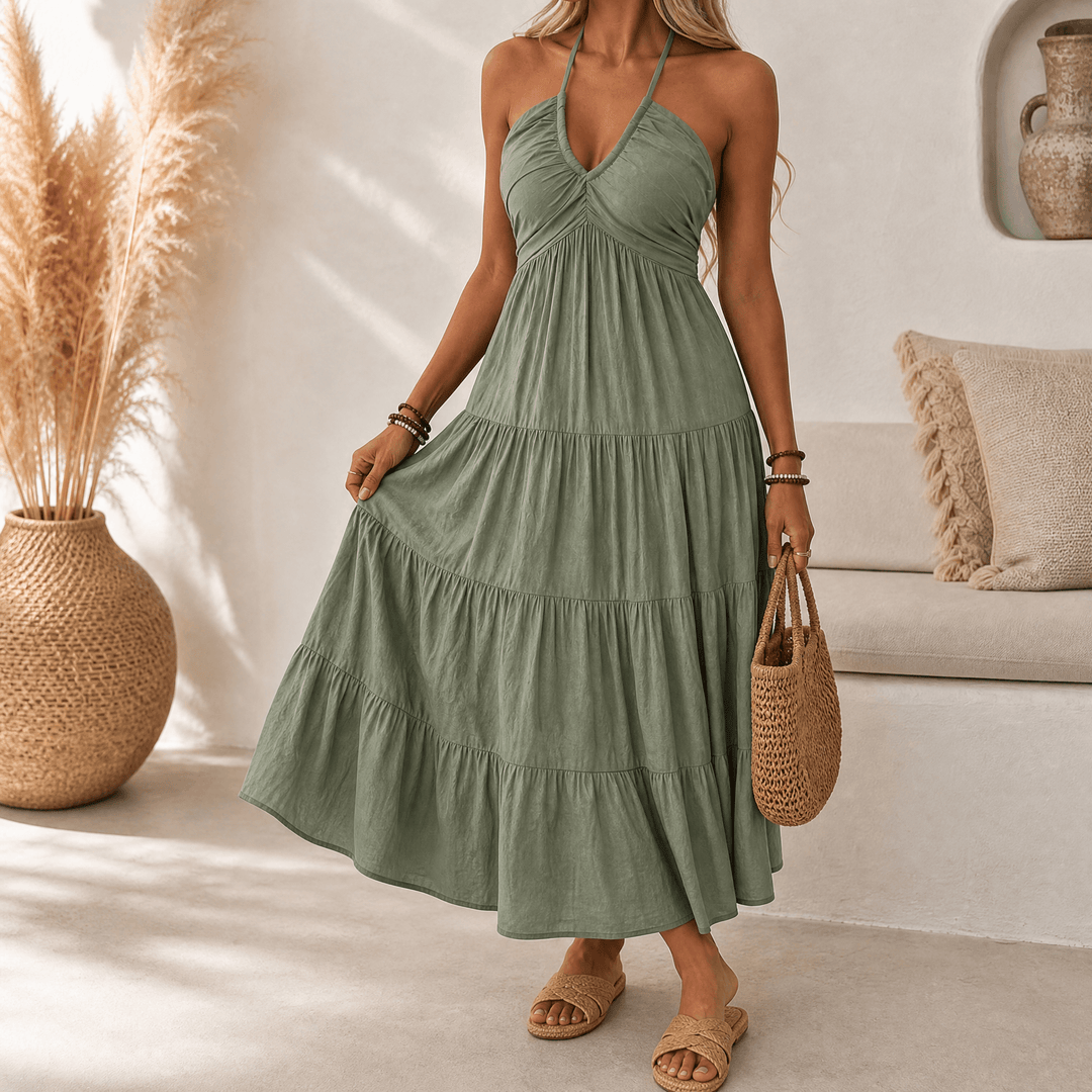 Gwendolyn | Women's Halter Neck Tiered Maxi Dress - Sage - Image 11