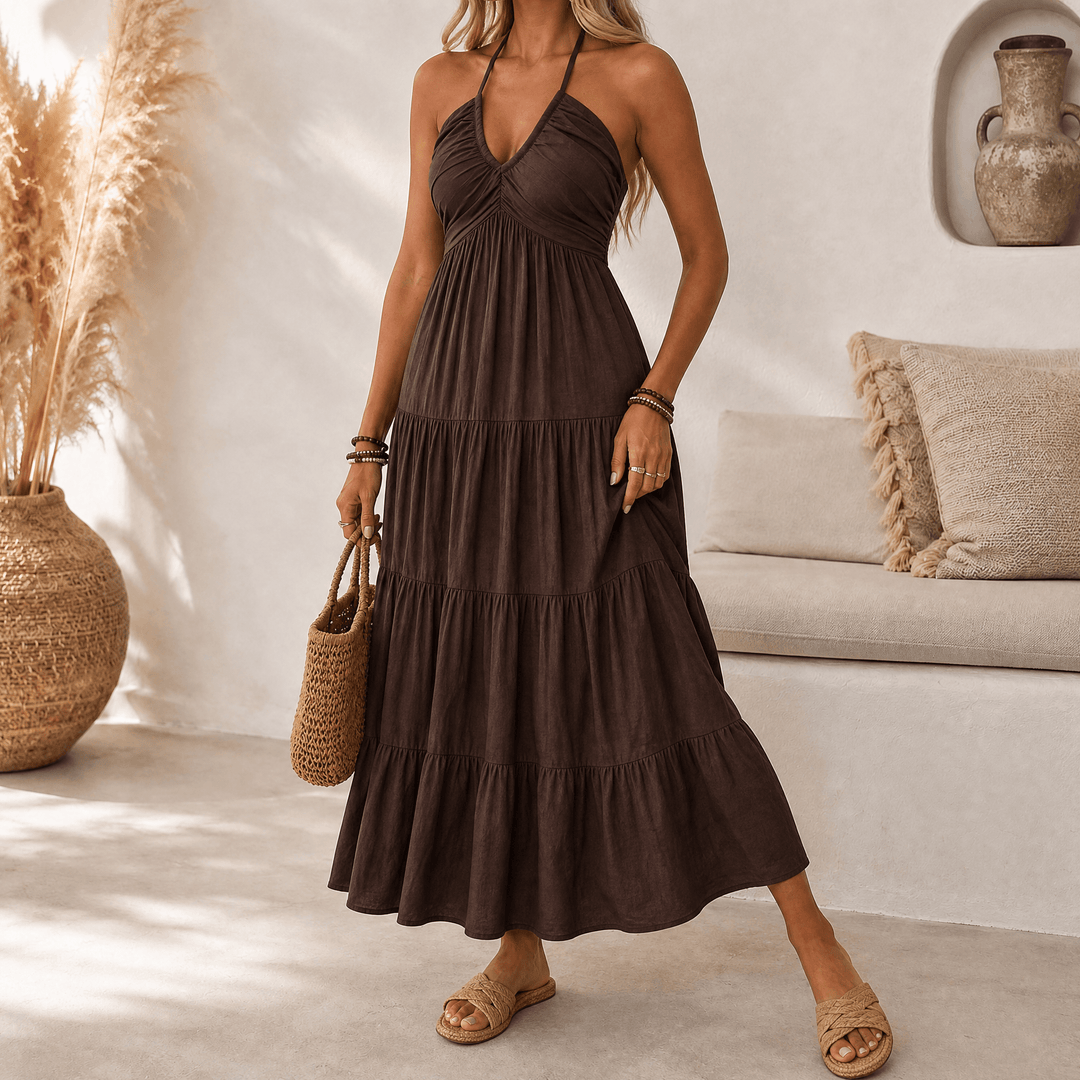 Gwendolyn | Women's Halter Neck Tiered Maxi Dress - Sage - Image 12