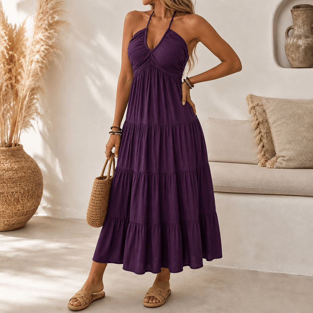 Gwendolyn | Women's Halter Neck Tiered Maxi Dress - Sage - Image 13