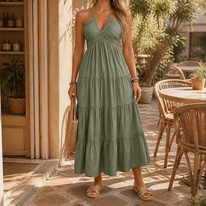 Gwendolyn | Women's Halter Neck Tiered Maxi Dress - Sage - Image 2