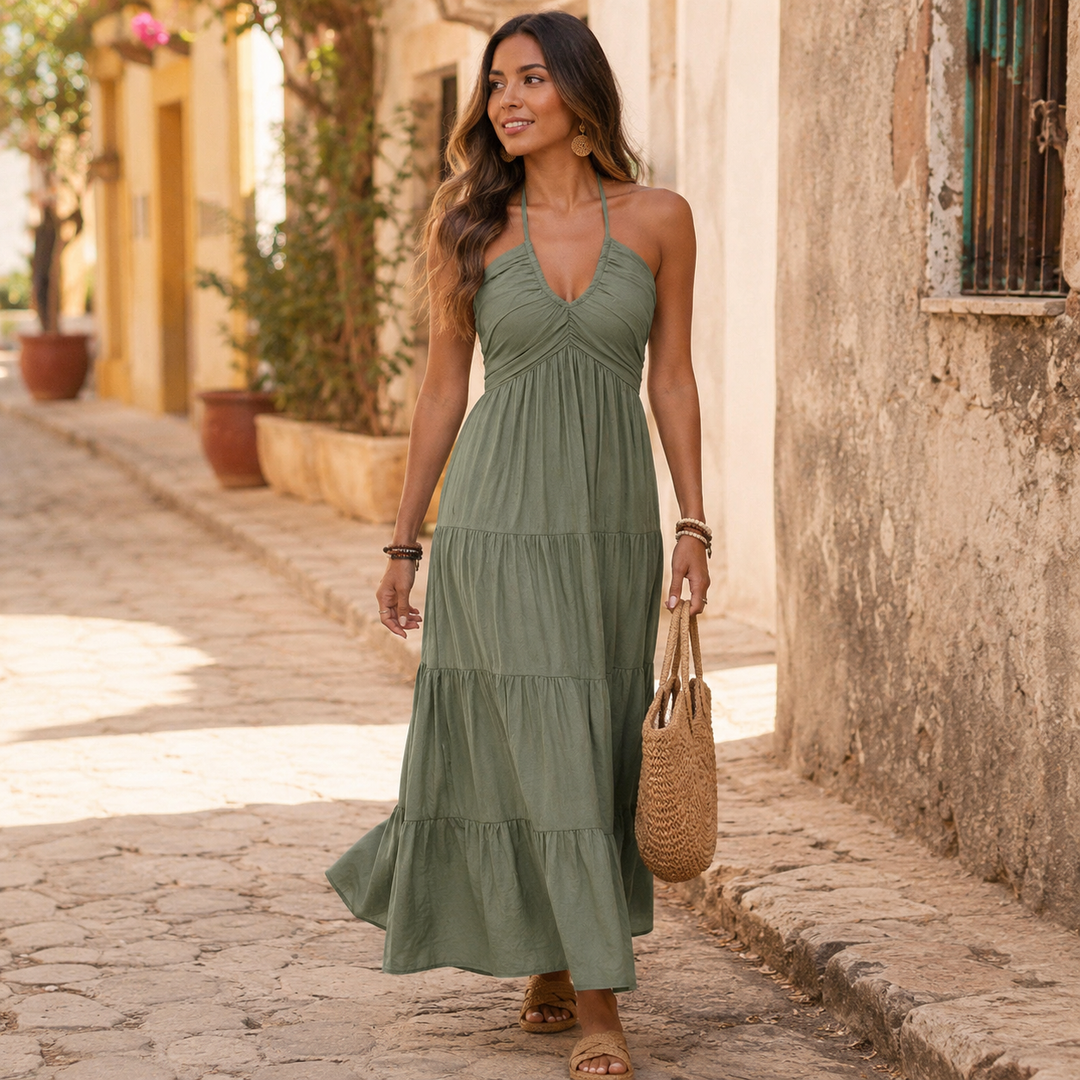 Gwendolyn | Women's Halter Neck Tiered Maxi Dress - Sage - Image 3