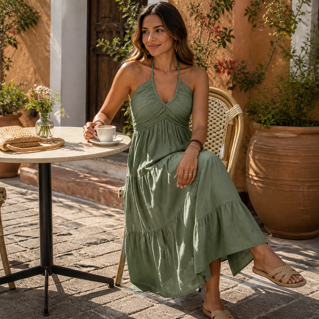 Gwendolyn | Women's Halter Neck Tiered Maxi Dress - Sage - Image 4