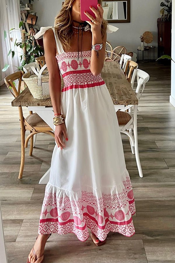 Gweneira | Women's Smocked Square Neck Boho Maxi Dress - White - Image 1