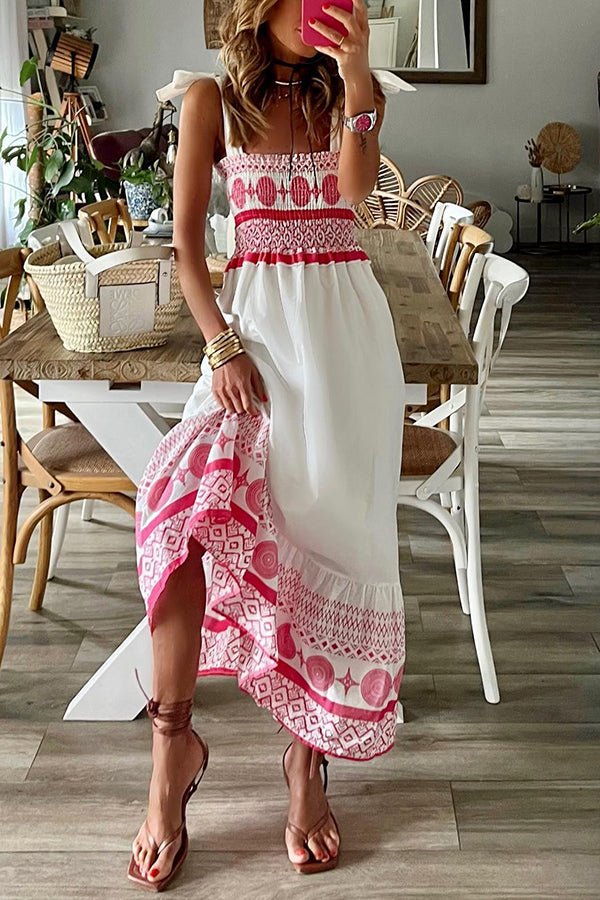 Gweneira | Women's Smocked Square Neck Boho Maxi Dress - White - Image 2