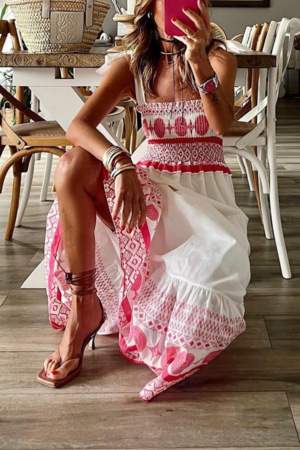 Gweneira | Women's Smocked Square Neck Boho Maxi Dress - White - Image 3