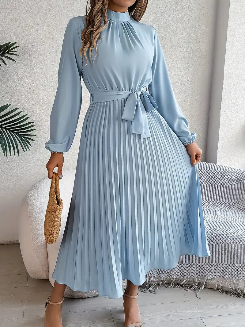 Gwyneira | Women's Belted Pleated Midi Formal Dress - Light Blue - Image 1