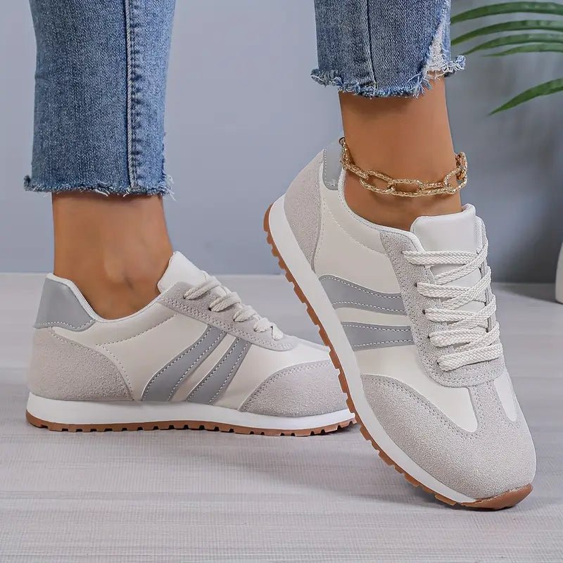 Hadley | Women's Retro Lace Up Casual Sneakers - Light Grey - Image 1