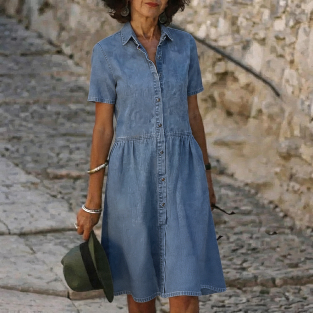 Halvara | Women's Denim Midi Shirt Dress - Light Blue - Image 1