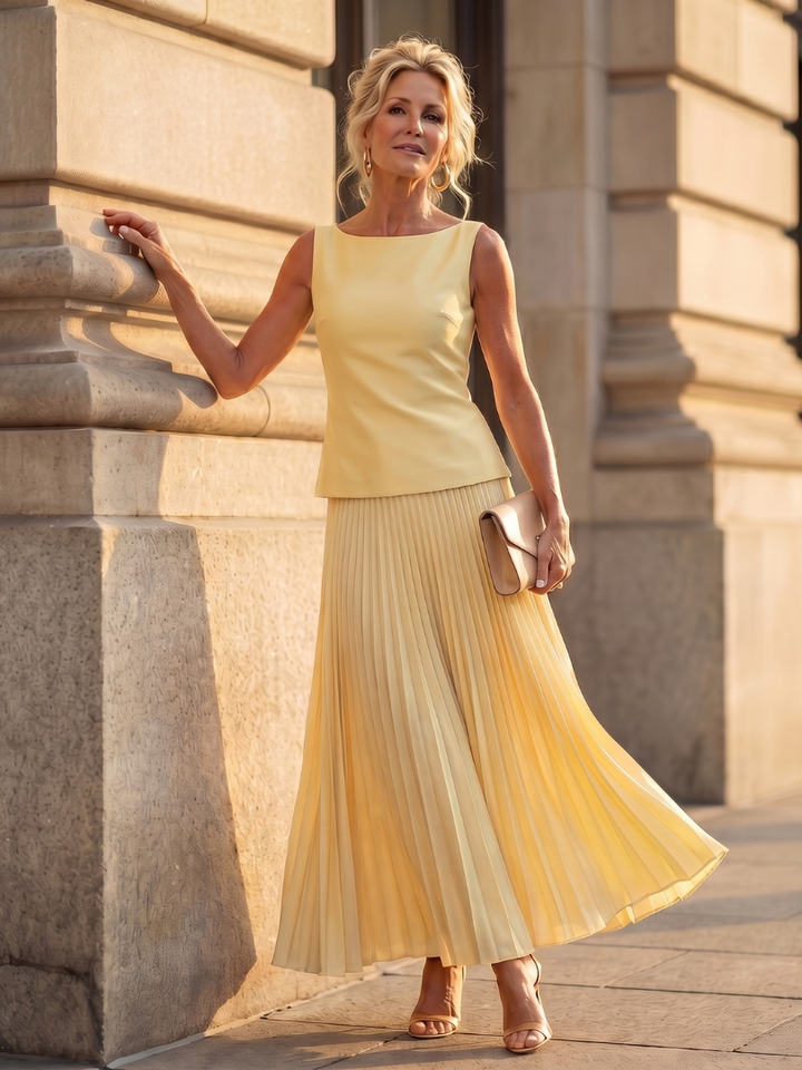 Halvara | Women's Pleated Maxi Skirt Two Piece Set - Yellow - Image 1