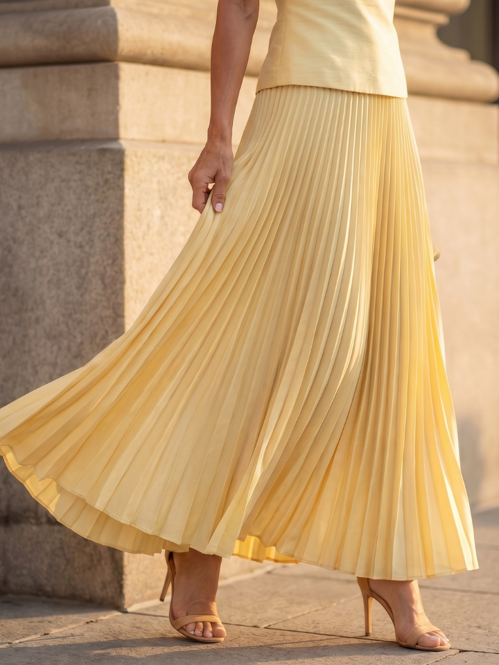 Halvara | Women's Pleated Maxi Skirt Two Piece Set - Yellow - Image 3