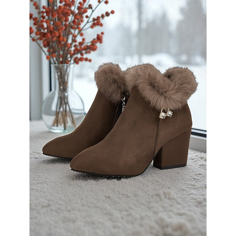 Halveen | Women's Fur-Trim Block Heel Ankle Boots - Brown - Image 1