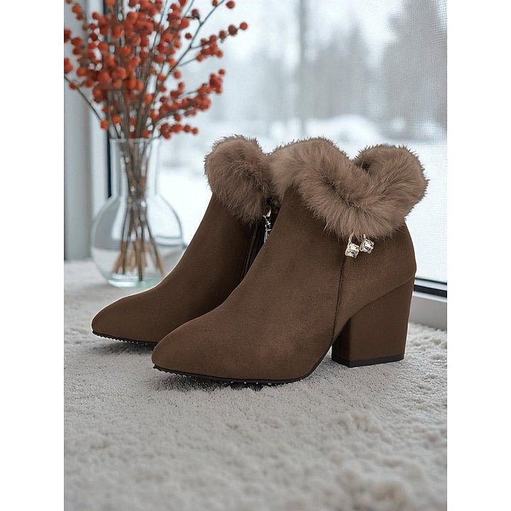 Halveen | Women's Fur-Trim Block Heel Ankle Boots - Brown - Image 1