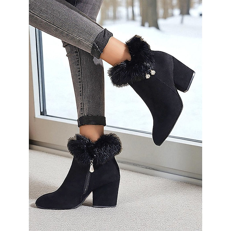 Halveen | Women's Fur-Trim Block Heel Ankle Boots - Brown - Image 10
