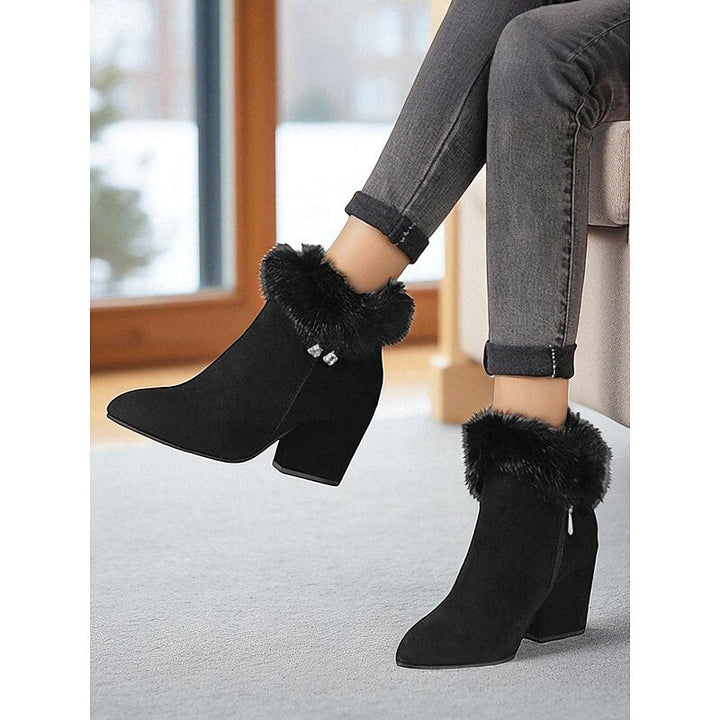 Halveen | Women's Fur-Trim Block Heel Ankle Boots - Brown - Image 2