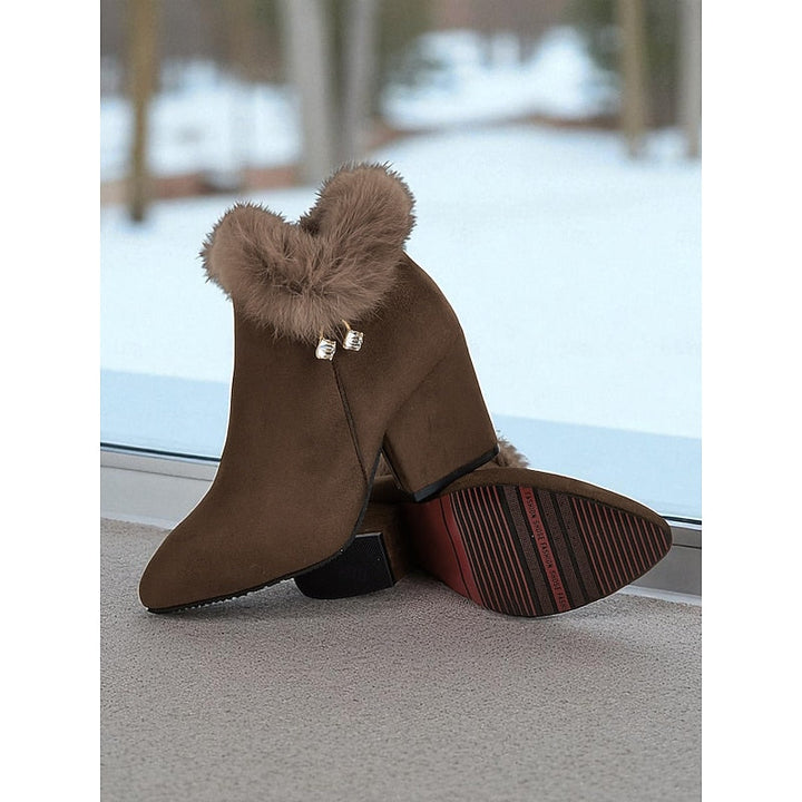 Halveen | Women's Fur-Trim Block Heel Ankle Boots - Brown - Image 3