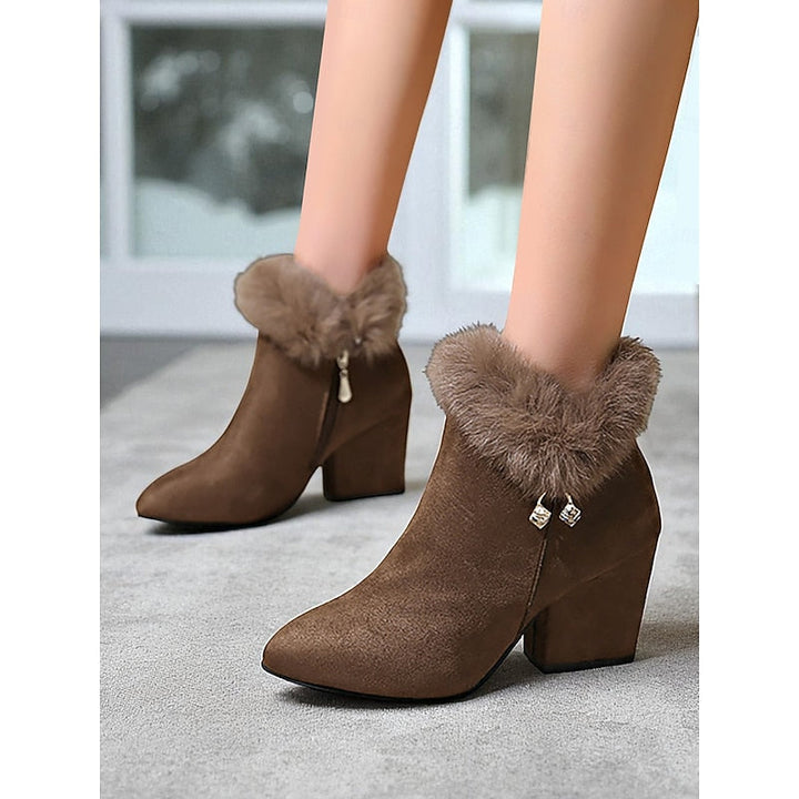 Halveen | Women's Fur-Trim Block Heel Ankle Boots - Brown - Image 4