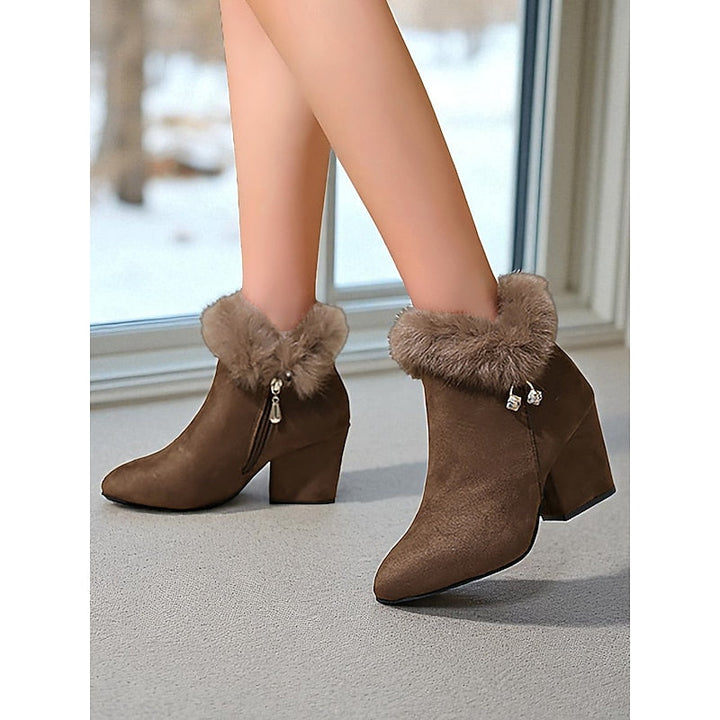 Halveen | Women's Fur-Trim Block Heel Ankle Boots - Brown - Image 5