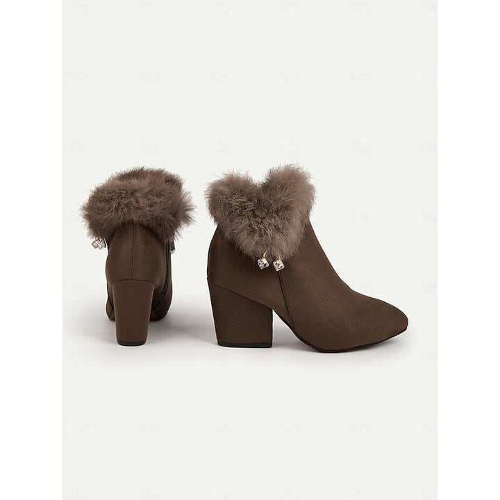 Halveen | Women's Fur-Trim Block Heel Ankle Boots - Brown - Image 7