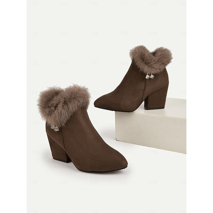 Halveen | Women's Fur-Trim Block Heel Ankle Boots - Brown - Image 9