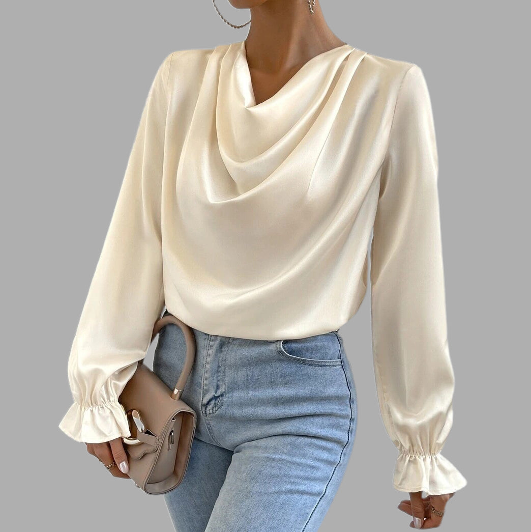 Halverne | Women's Cowl Neck Satin Blouse - Cream - Image 1