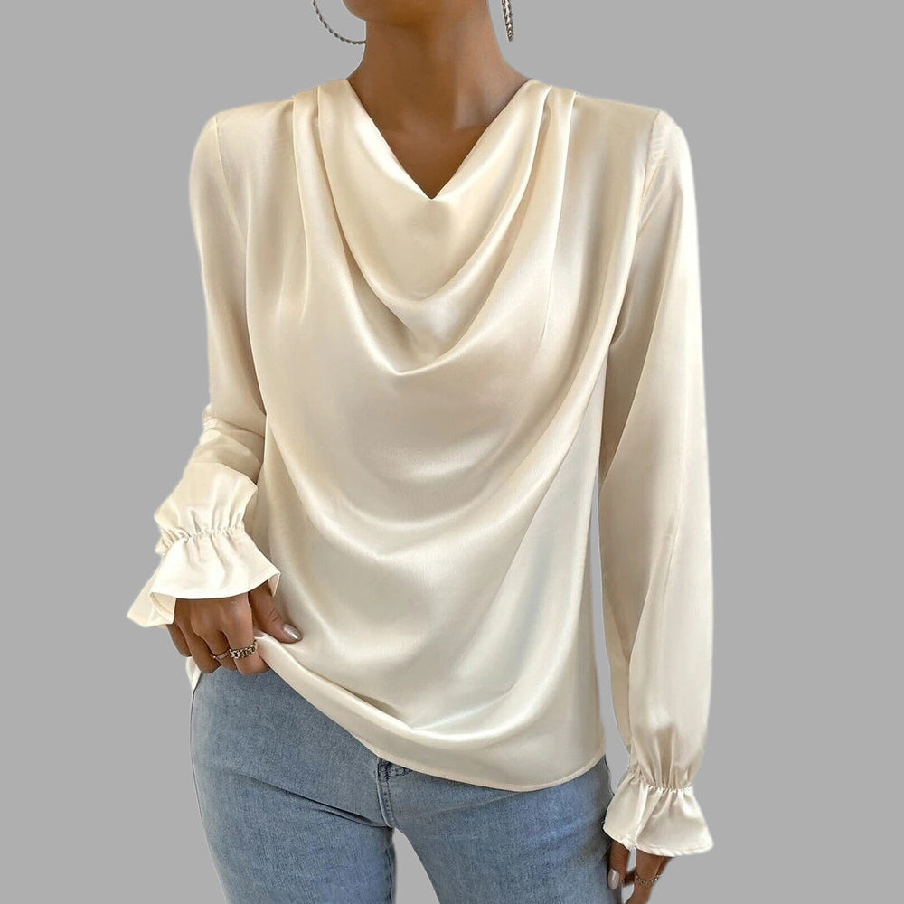 Halverne | Women's Cowl Neck Satin Blouse - Cream - Image 2