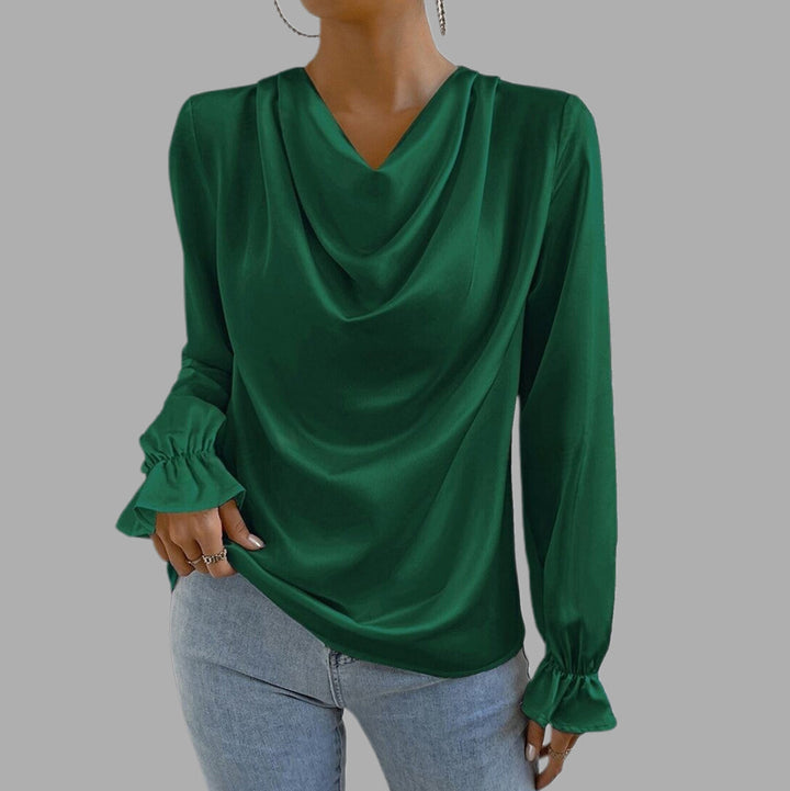 Halverne | Women's Cowl Neck Satin Blouse - Cream - Image 3