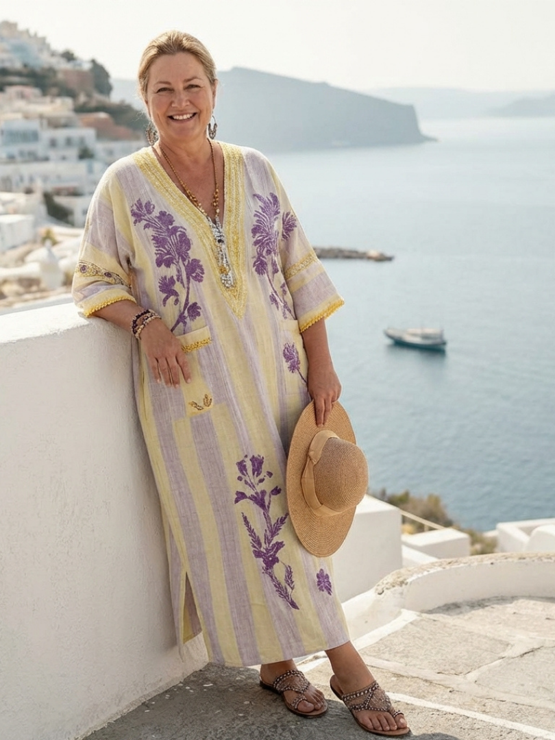 Halveth | Women's Floral Maxi Dress Striped Kaftan - Image 1