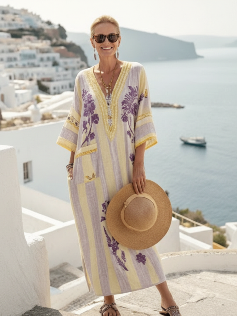 Halveth | Women's Floral Maxi Dress Striped Kaftan - Image 3