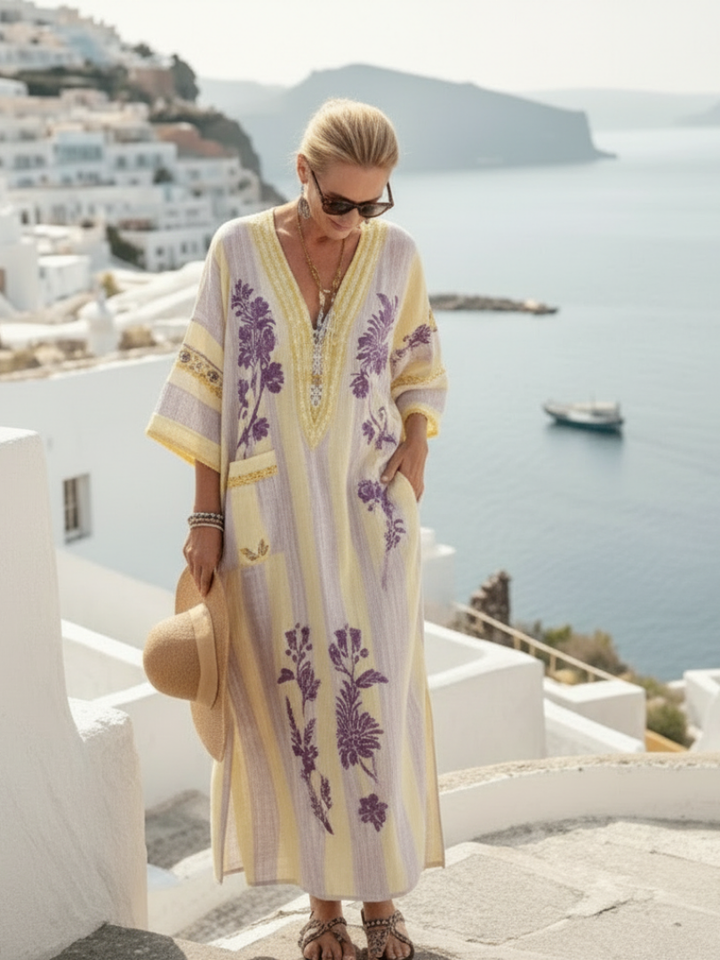 Halveth | Women's Floral Maxi Dress Striped Kaftan - Image 4